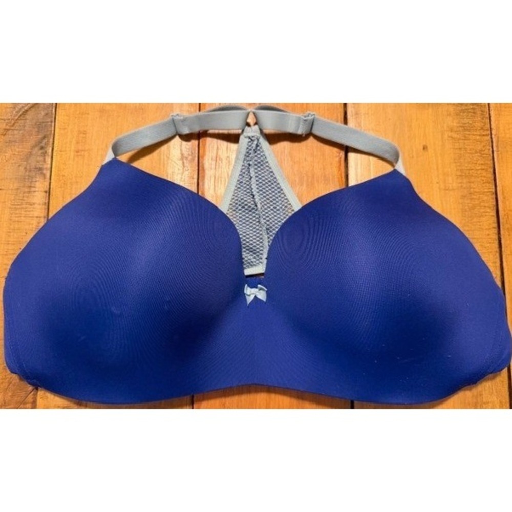 Cacique Royal Blue Lace Racerback Bra 44D Underwire Molded Cup Full Coverage